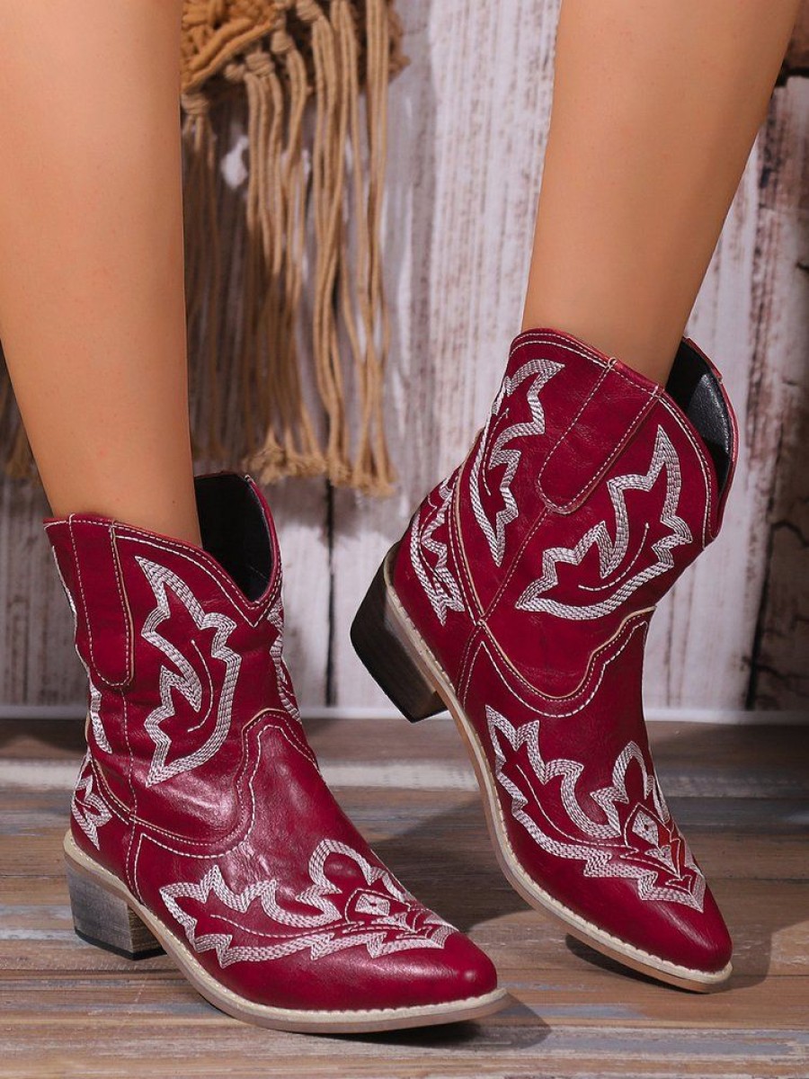 Shoes zolucky | Ethnic Embroidery Block Heel Slip On Western Boots