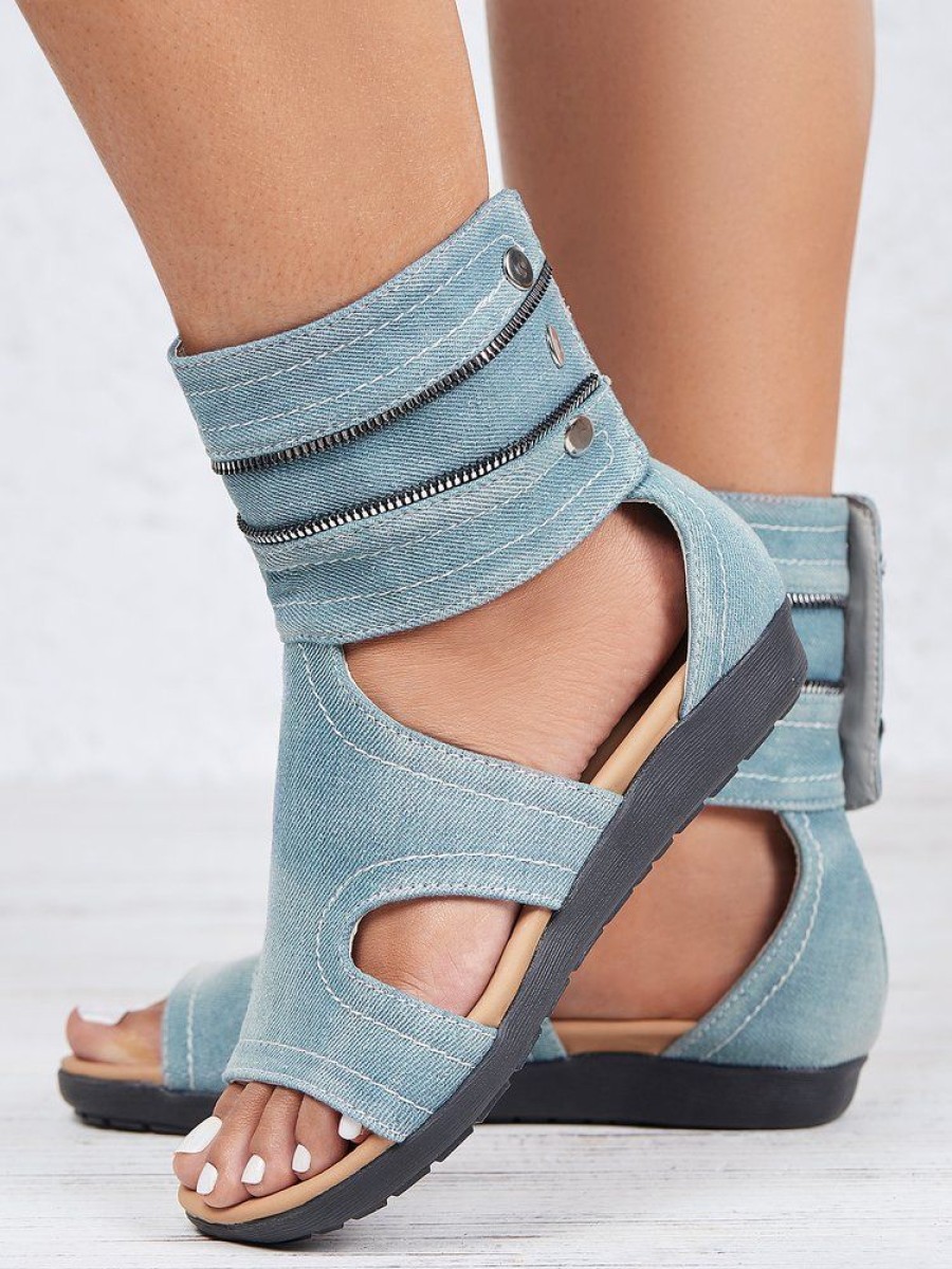 Shoes zolucky | Hollow Out Button Denim Sandals Boots Blue