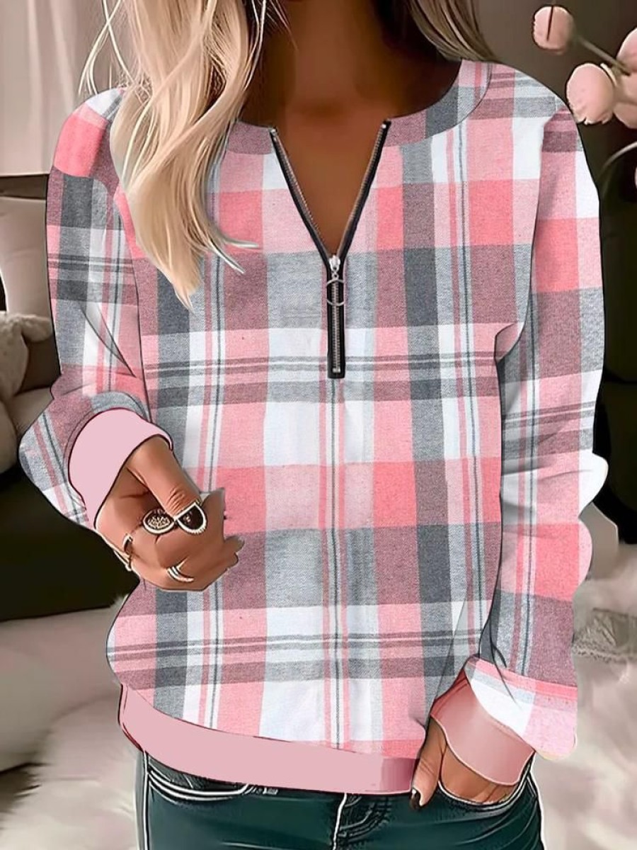 Topshot zolucky | Classic Check Print Casual Half Zip Notched Neck Plaid Daily Casual Loose H-Line Long Sleeve Sweatshirt Pink