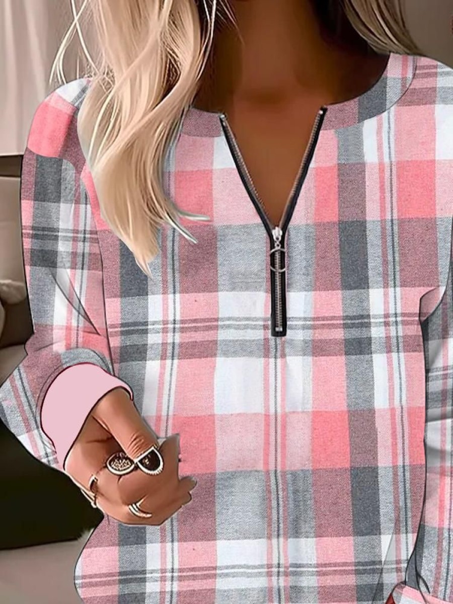 Topshot zolucky | Classic Check Print Casual Half Zip Notched Neck Plaid Daily Casual Loose H-Line Long Sleeve Sweatshirt Pink