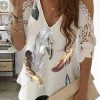 Topshot zolucky | Vintage Lace Half Sleeve Feather Printed V Neck Plus Size Casual Tops White