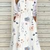 Dresses zolucky | Floral Notched Neck Casual Loose Jersey Buckle Long Sleeve Midi Dress White