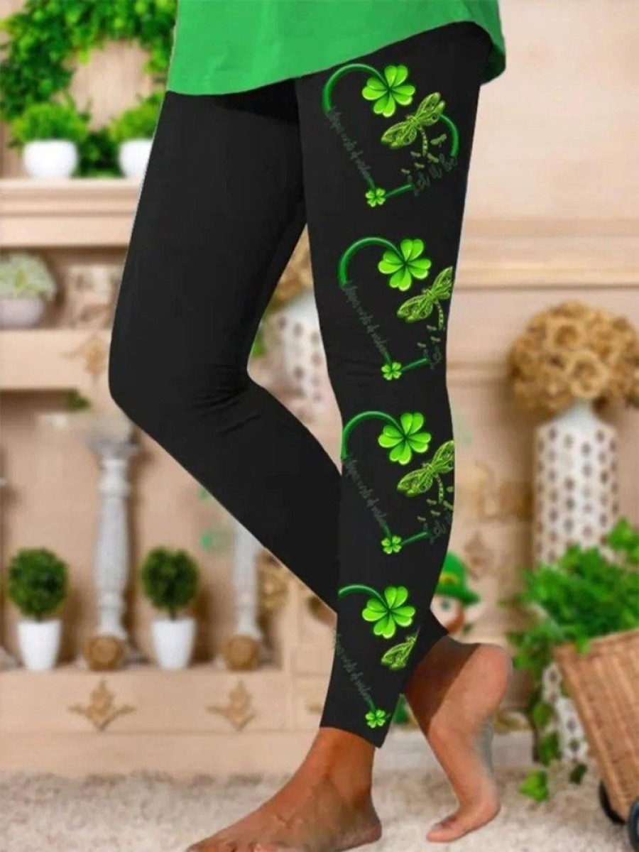 Bottoms zolucky | Tight Casual Four-Leaf Clover Leggings Black