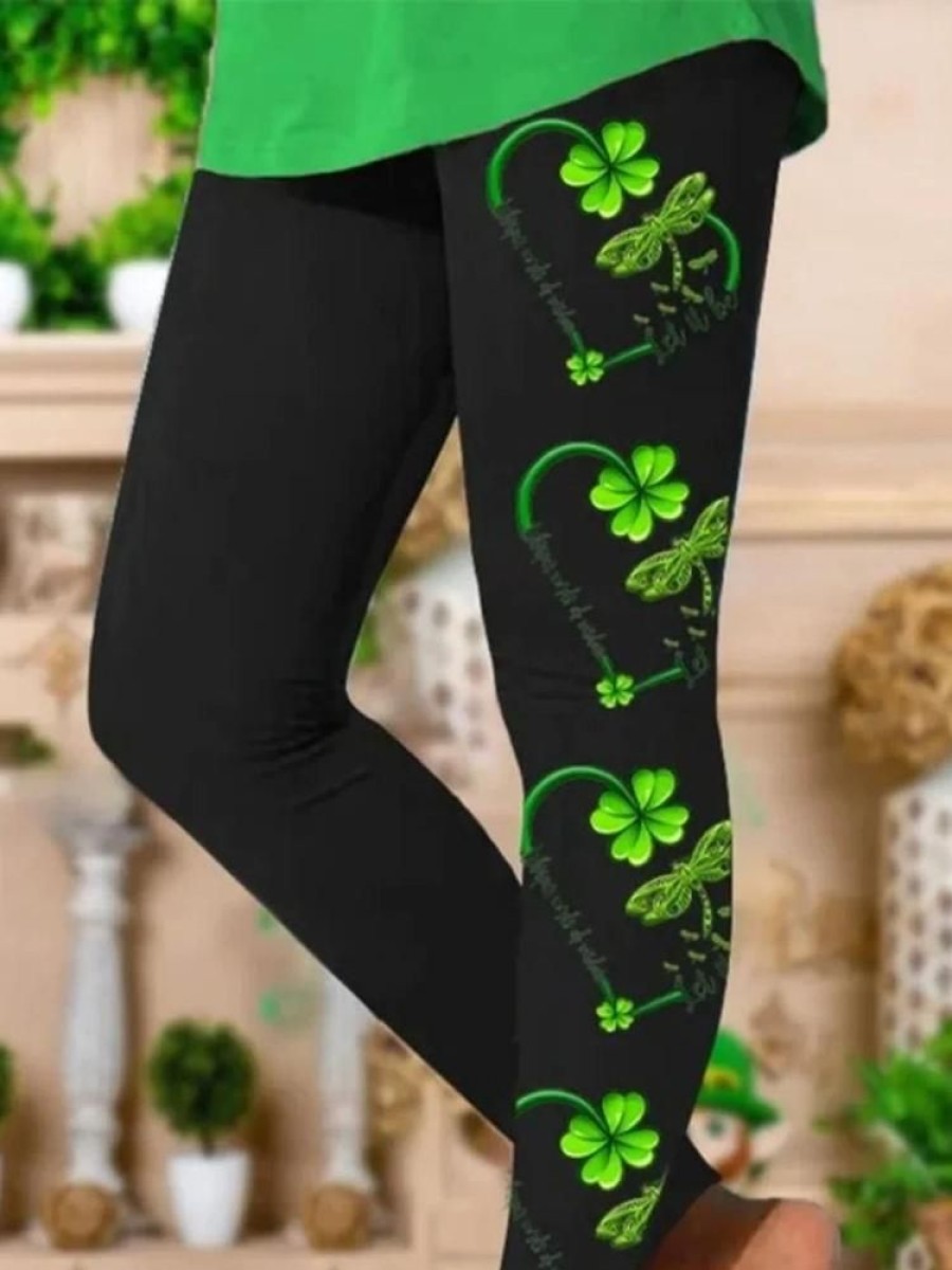 Bottoms zolucky | Tight Casual Four-Leaf Clover Leggings Black