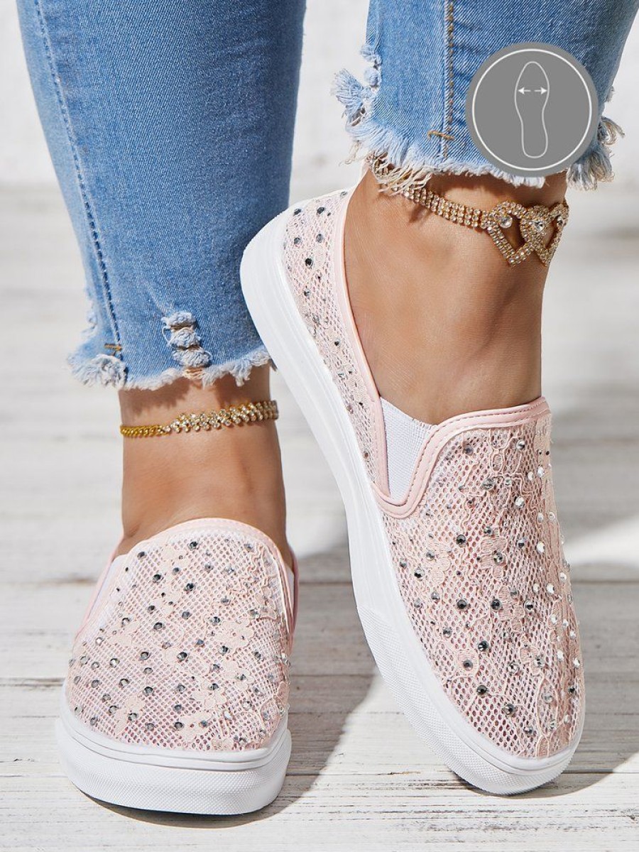 Shoes zolucky | Lace Rhinestone Decor Breathable Slip On Shoes Pink