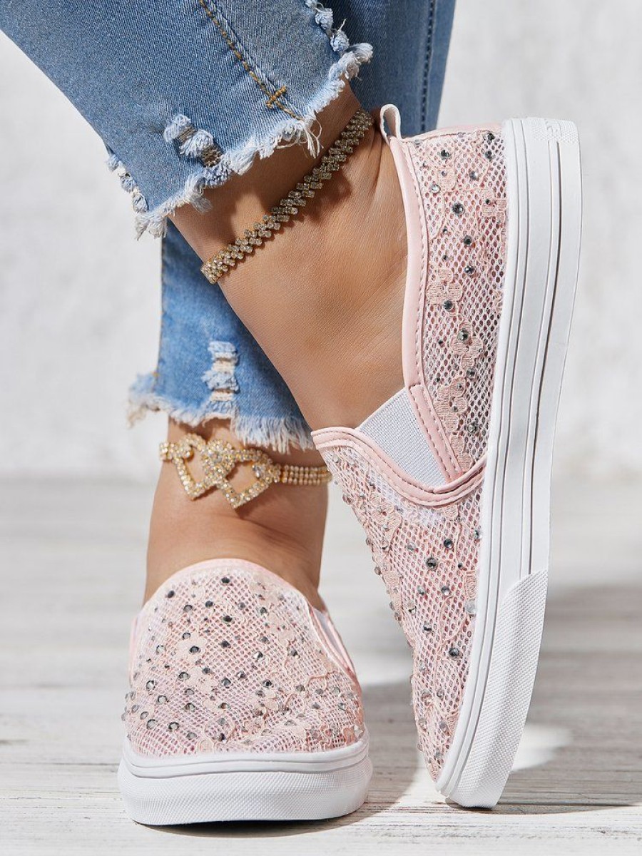 Shoes zolucky | Lace Rhinestone Decor Breathable Slip On Shoes Pink