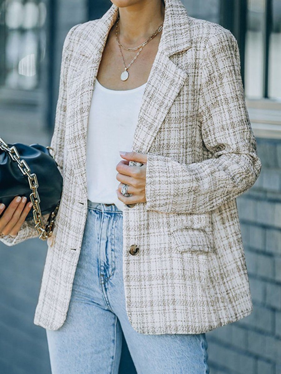 Outerwearshot zolucky | Women Casual Plaid Autumn No Elasticity Daily Long Sleeve Shawl Collar Regular H-Line Blazer White