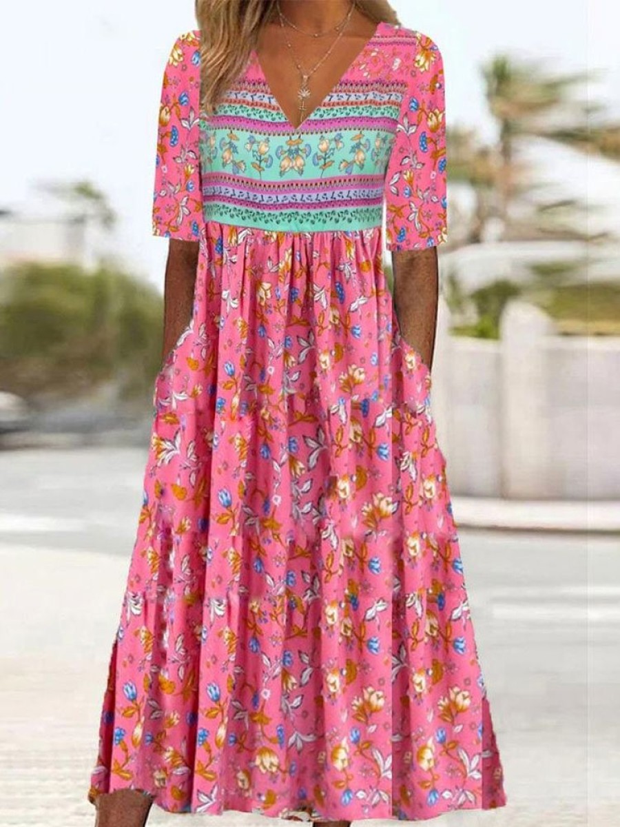 Dresses zolucky | Floral Printed Vacation Crew Neck Loose Dress Pink