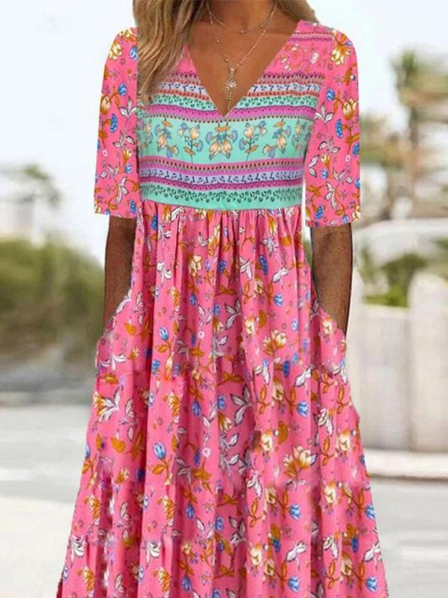 Dresses zolucky | Floral Printed Vacation Crew Neck Loose Dress Pink