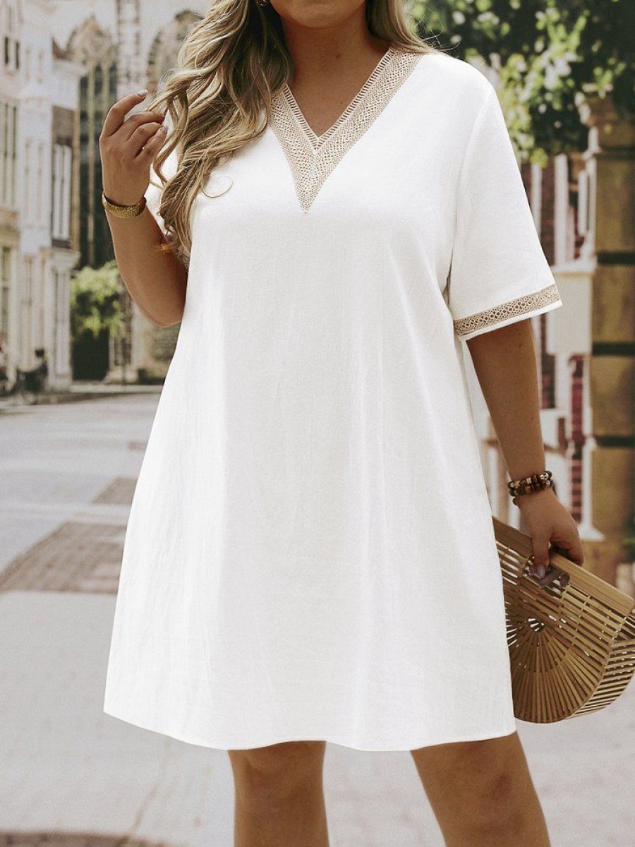 Plus&Curve zolucky | Plus Size Casual Cotton Lace Plain Dress White