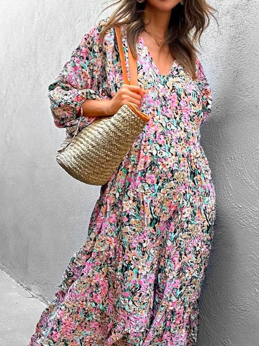 Dresses zolucky | Disty Floral V Neck Casual Loose Dress Pink