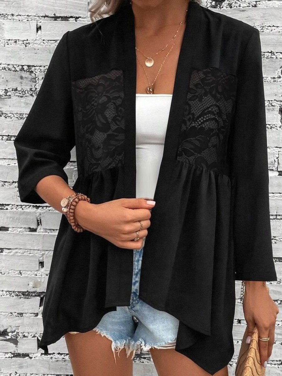 Outerwearshot zolucky | Casual Plain Loose Lace Kimono Black