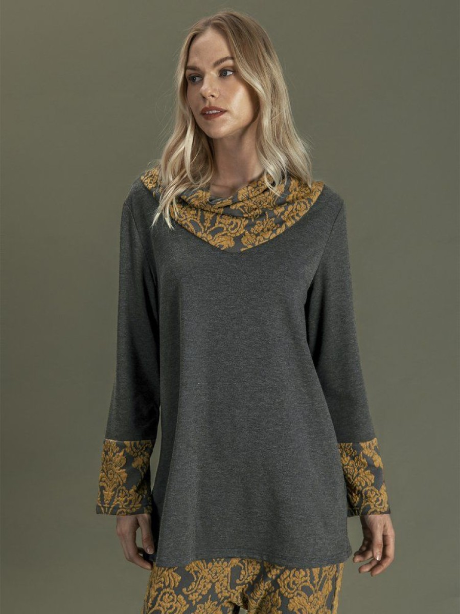 Topshot zolucky | Paisley A-Line Casual Cowl Neck Top Deep Gray