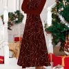 Dresses zolucky | Christmas Geometric Printed Crew Neck Casual Loose A-Line Long Sleeve Midi Dress Wine Red