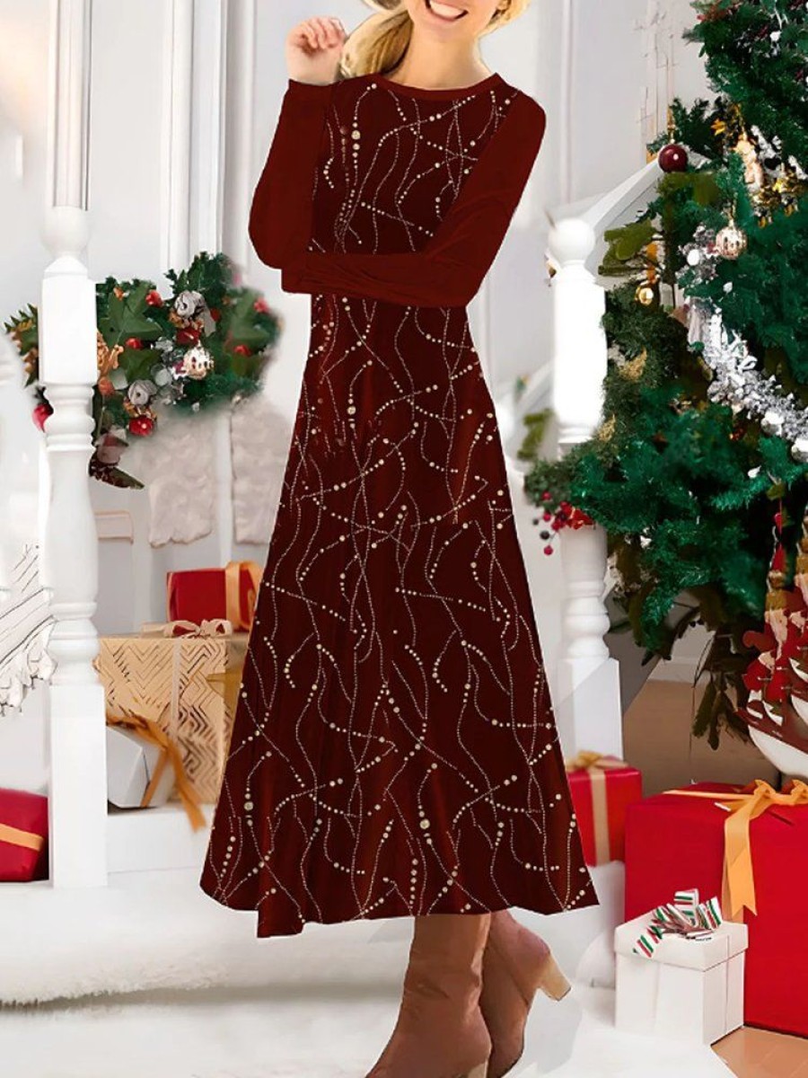 Dresses zolucky | Christmas Geometric Printed Crew Neck Casual Loose A-Line Long Sleeve Midi Dress Wine Red