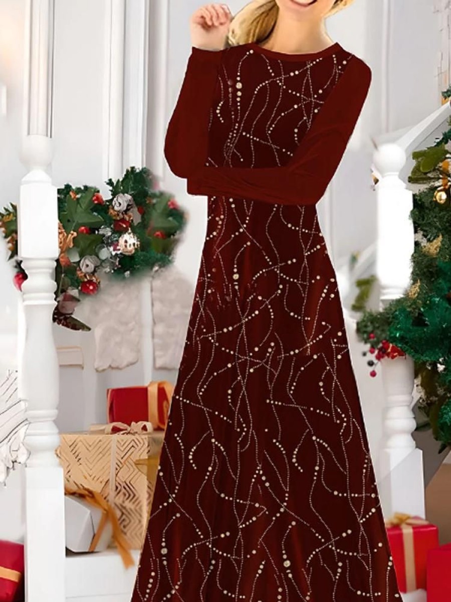 Dresses zolucky | Christmas Geometric Printed Crew Neck Casual Loose A-Line Long Sleeve Midi Dress Wine Red