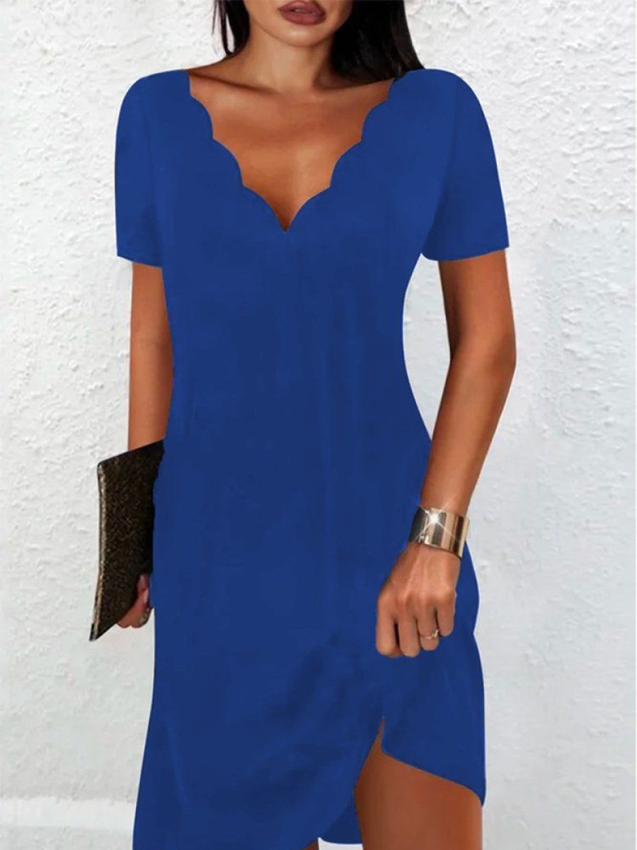 Dresses zolucky | Casual Solid V Neck Short Sleeve Knit Dress