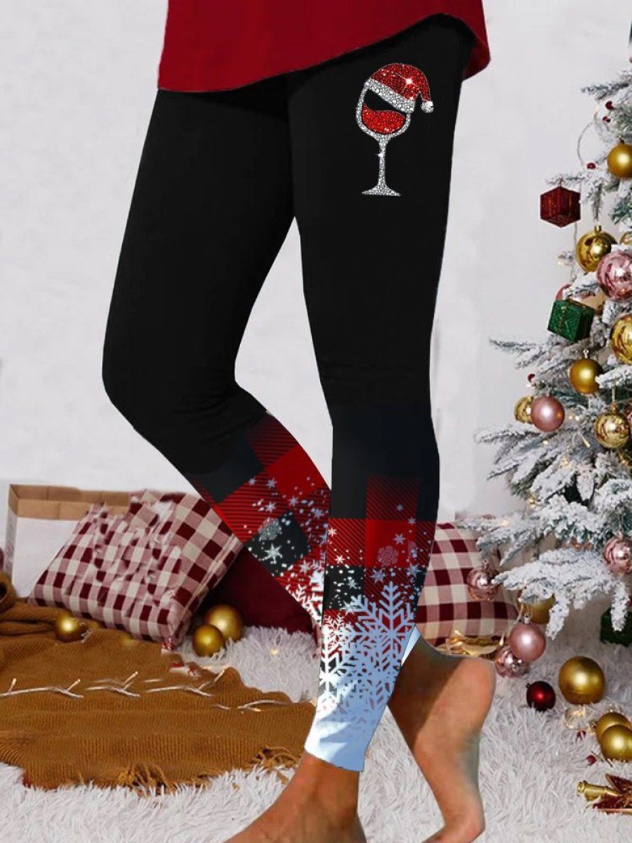 Bottoms zolucky | Plaid Snowflake Christmas Casual Jersey Leggings Xmas Leggings Black