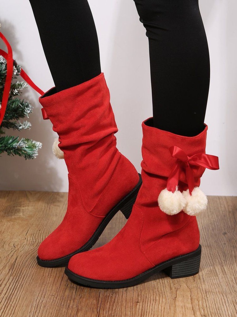 Shoes zolucky | Christmas Pompom Decor Faux Suede Slouchy Boots Xmas Boots