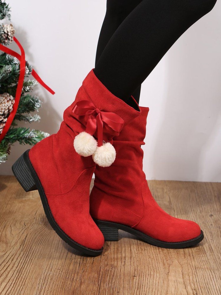 Shoes zolucky | Christmas Pompom Decor Faux Suede Slouchy Boots Xmas Boots