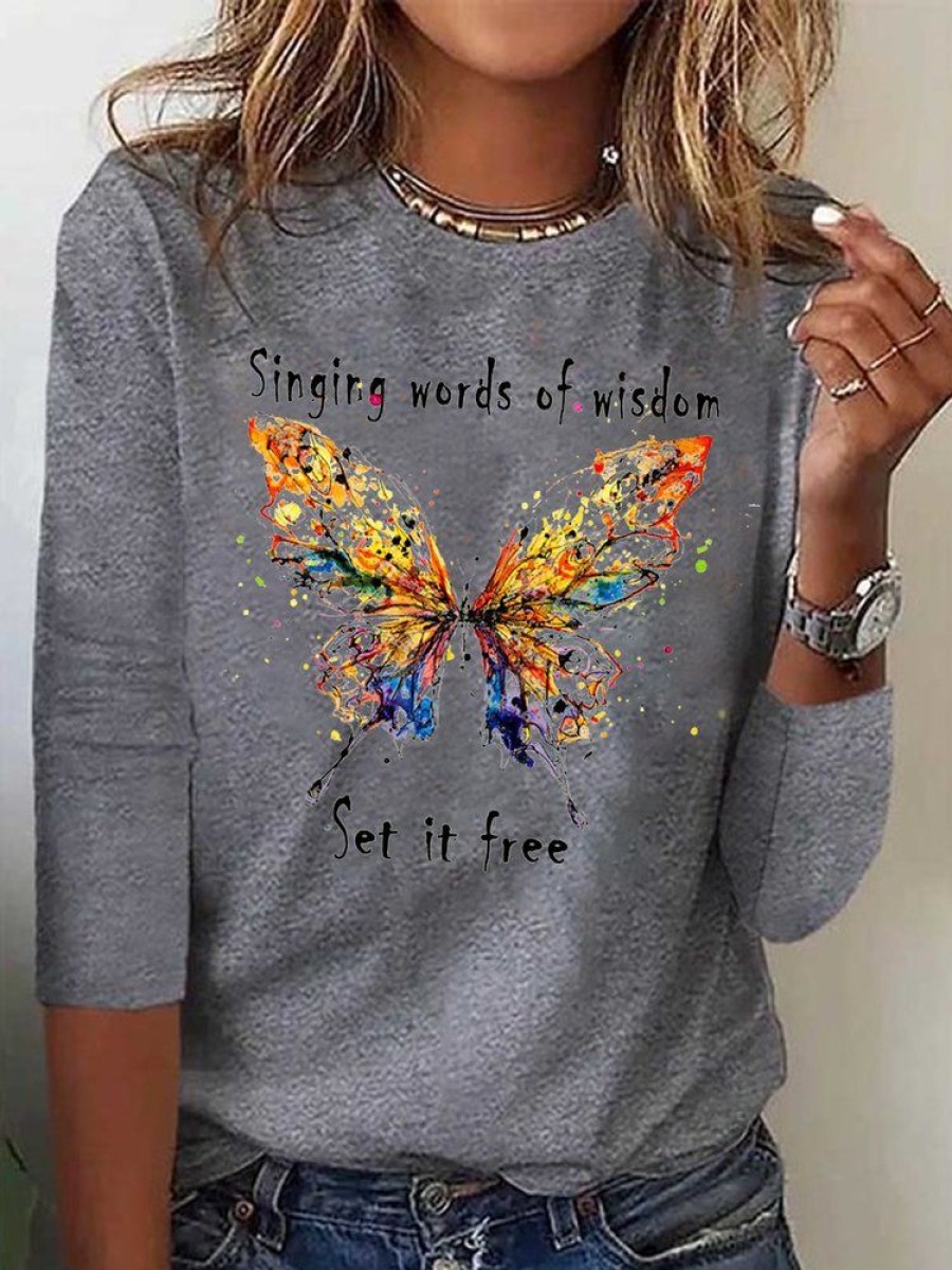 Plus&Curve zolucky | Plus Size Butterfly Long Sleeve Loose Casual T-Shirt