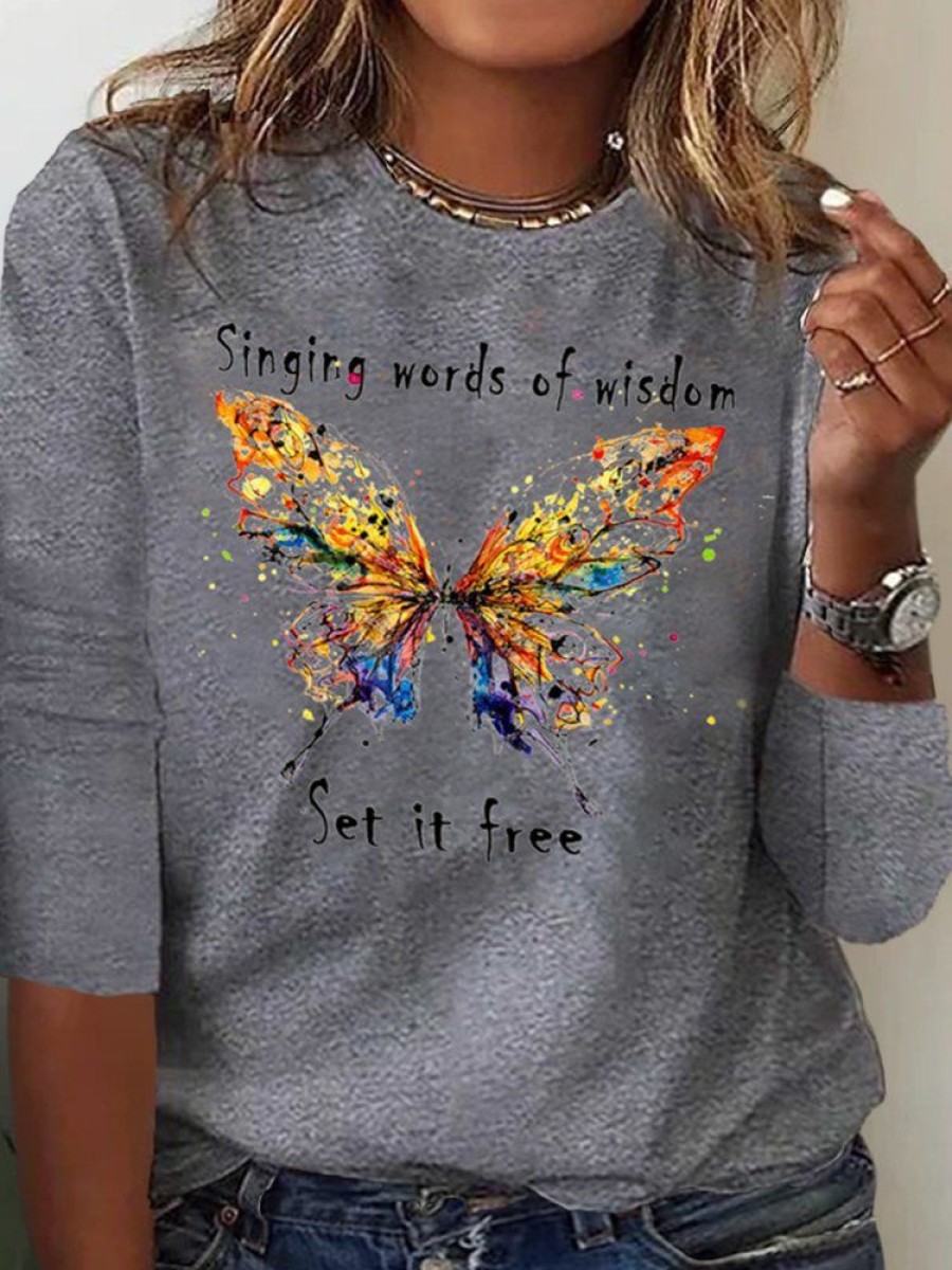 Plus&Curve zolucky | Plus Size Butterfly Long Sleeve Loose Casual T-Shirt