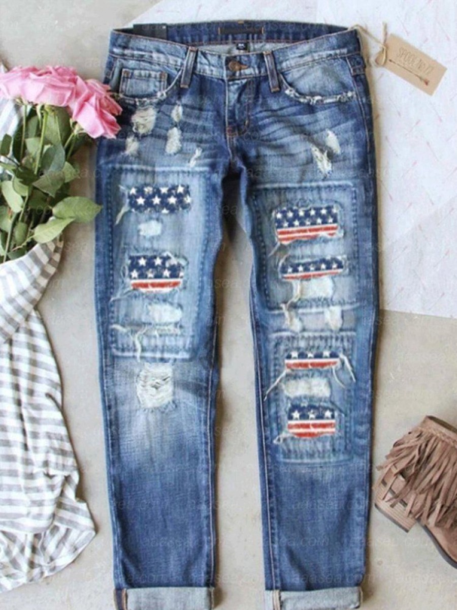 Bottoms zolucky | America Flag Pockets Regular Fit Independence Day Jeans Blue