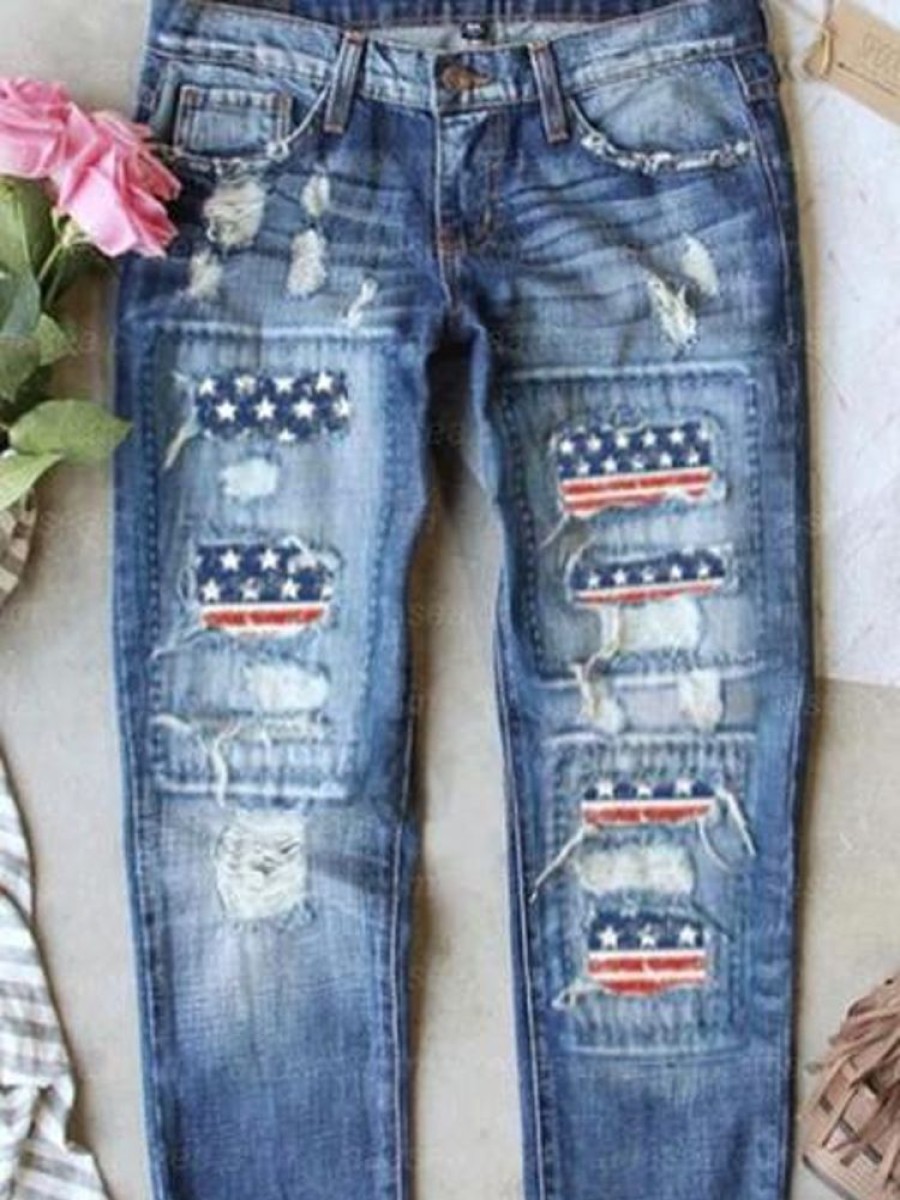 Bottoms zolucky | America Flag Pockets Regular Fit Independence Day Jeans Blue