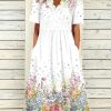 Dresses zolucky | Daily Casual Floral Print Jersey Lightweight Short Sleeve Knit V Neck Maxi Dress White