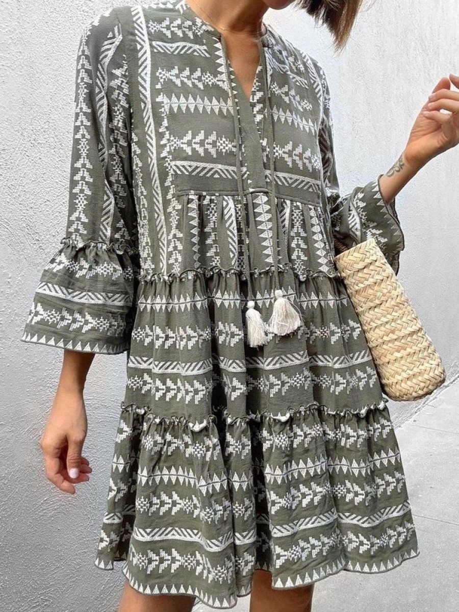 Dresses zolucky | Casual Ethnic Loose Dress Army Green