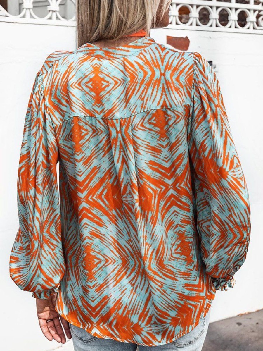 Topshot zolucky | Printed Shift Long Sleeve Statement Blouse Orange