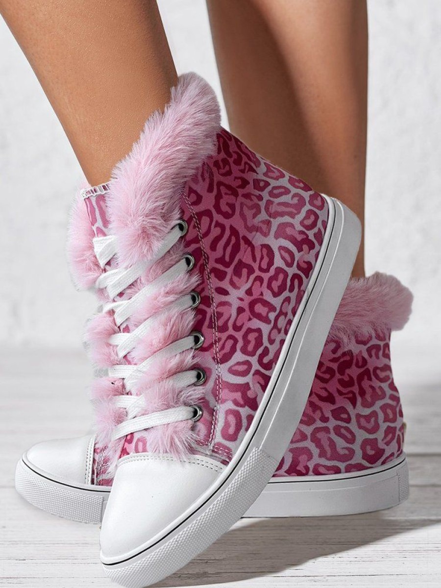 Shoes zolucky | Casual Leopard Faux Fur Lined High Top Canvas Shoes Pink