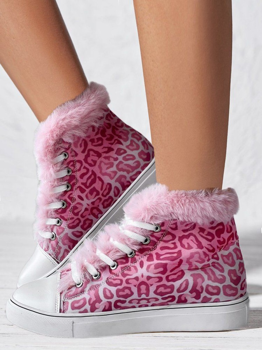 Shoes zolucky | Casual Leopard Faux Fur Lined High Top Canvas Shoes Pink