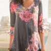 Topshot zolucky | Cotton-Blend Casual V Neck Floral-Print T-Shirt Deep Gray