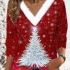 Topshot zolucky | Fur Collar Christmas Tree Casual Jersey T-Shirt Red