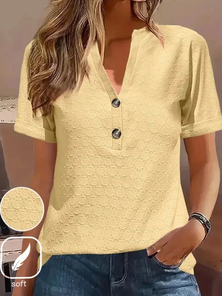 Plus&Curve zolucky | Plus Size Buckle V Neck Casual Plain T-Shirt Yellow