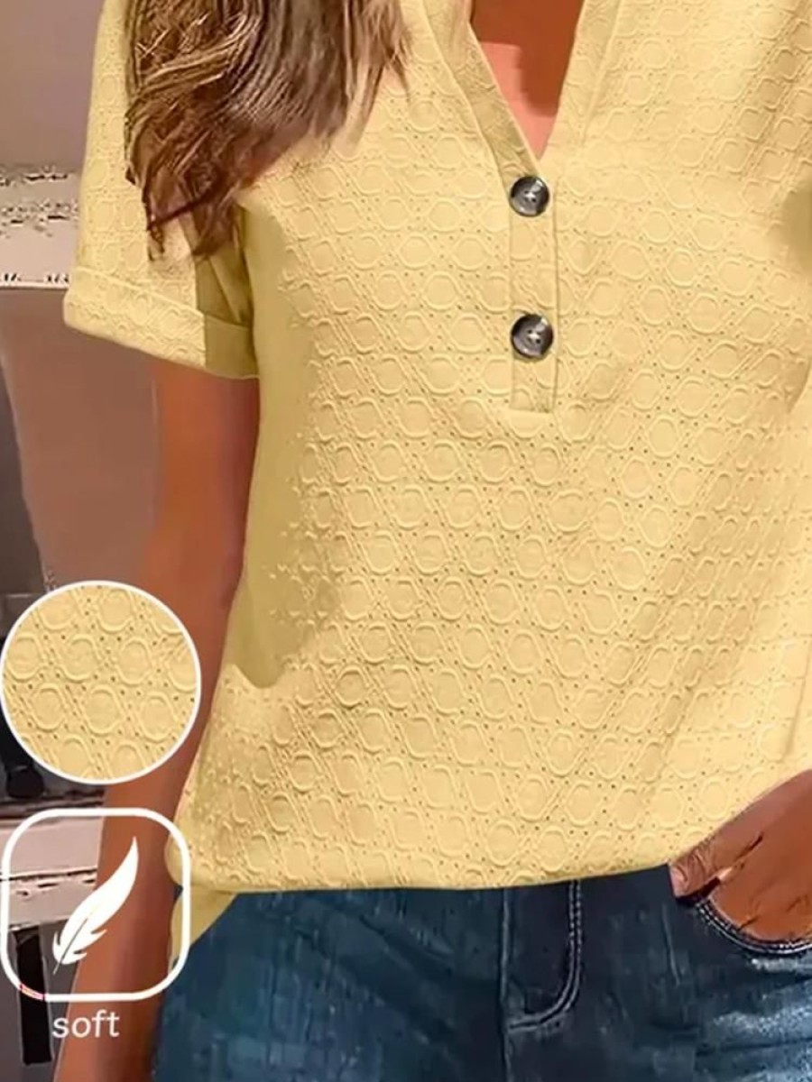 Plus&Curve zolucky | Plus Size Buckle V Neck Casual Plain T-Shirt Yellow