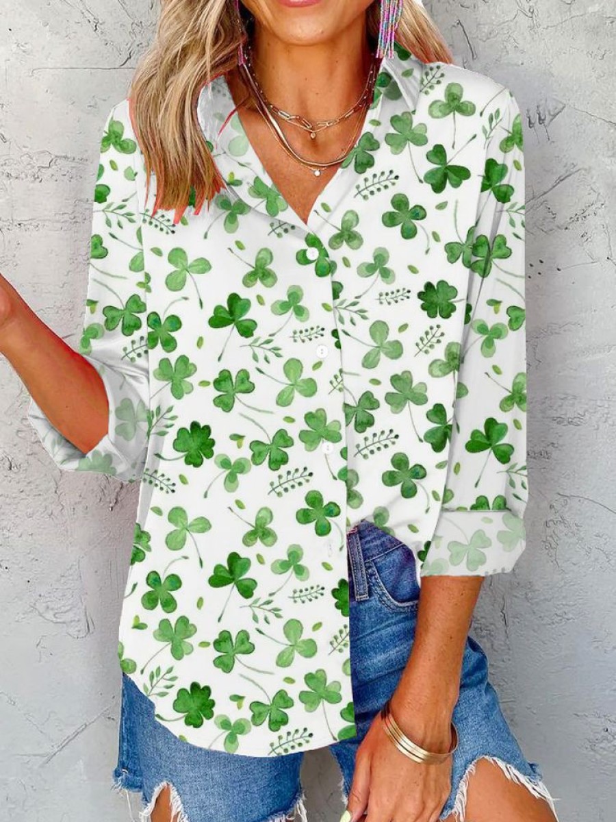 Topshot zolucky | St. Patrick'S Day Shirt Collar Casual Four-Leaf Clover Loose Buttoned Blouse White-Green