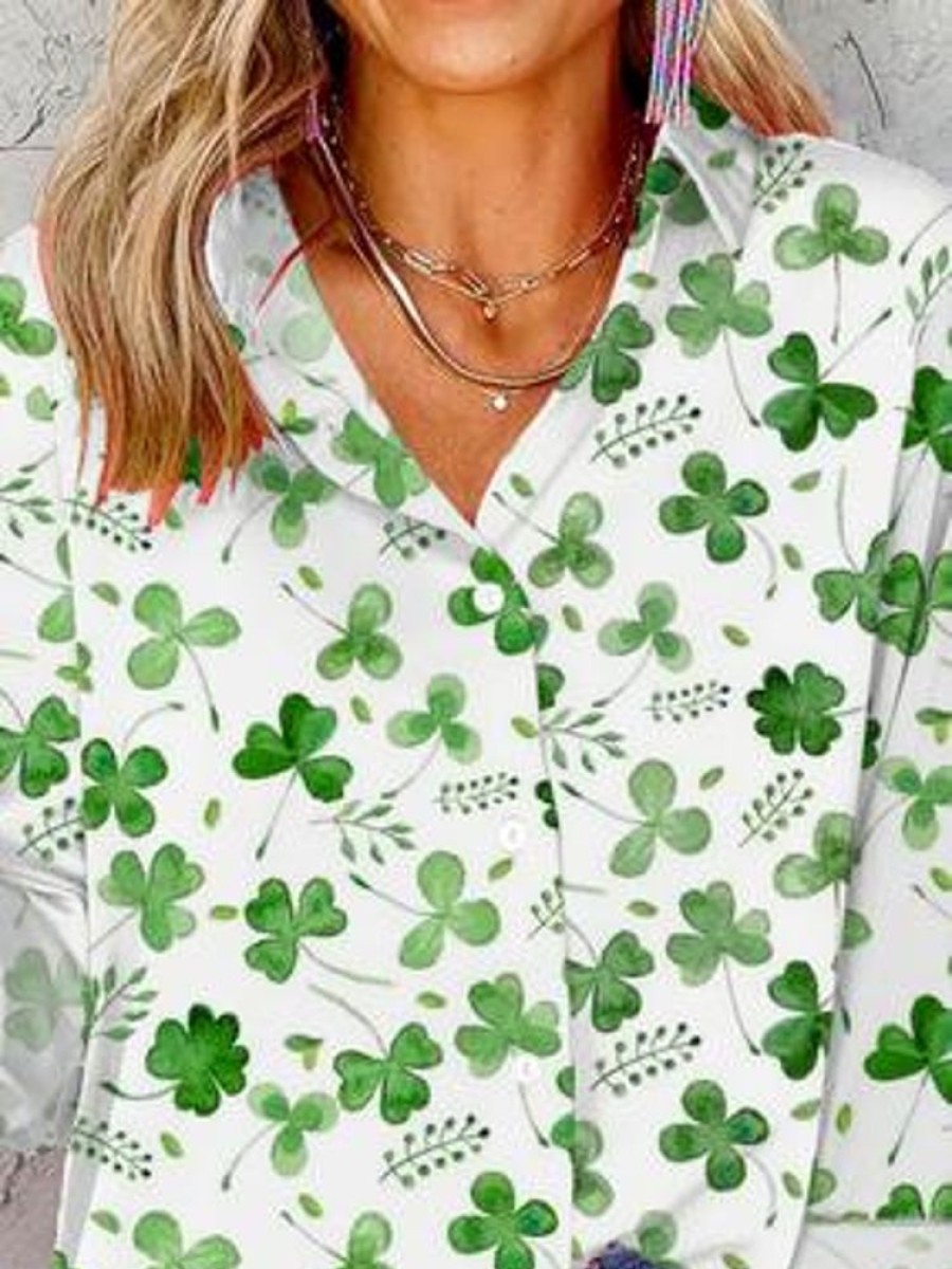 Topshot zolucky | St. Patrick'S Day Shirt Collar Casual Four-Leaf Clover Loose Buttoned Blouse White-Green