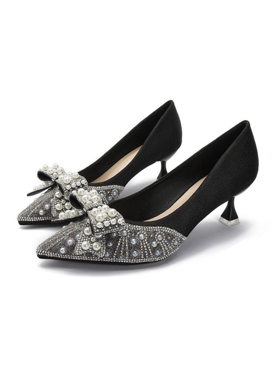 Shoes zolucky | Elegant Imitation Pearl Bowknot Satin Pyramid Heeled Pumps For Party And Wedding