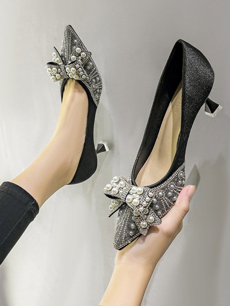 Shoes zolucky | Elegant Imitation Pearl Bowknot Satin Pyramid Heeled Pumps For Party And Wedding