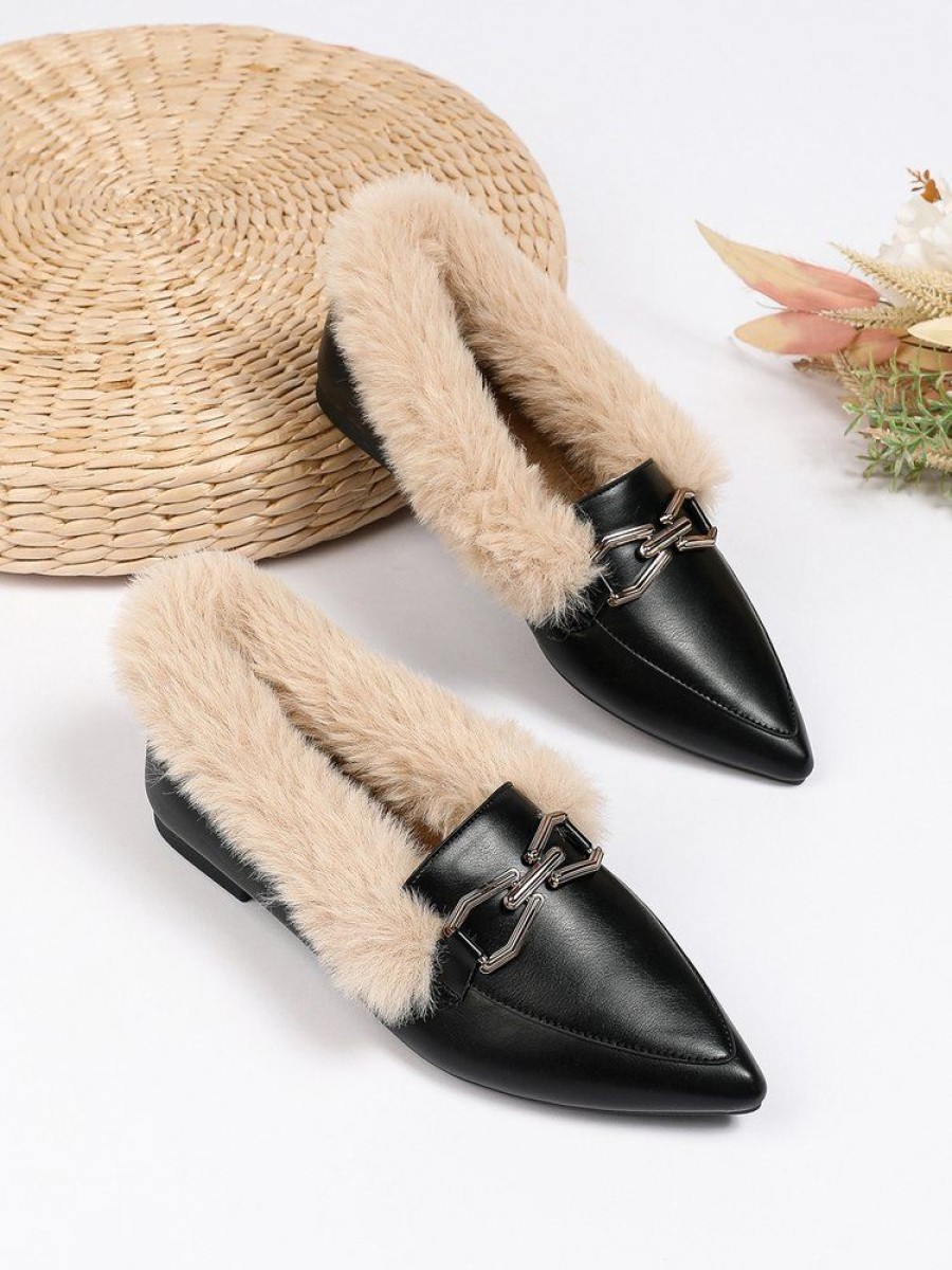 Shoes zolucky | Women Metal Decor Commuting Furry Synthetic Leather Loafers Black