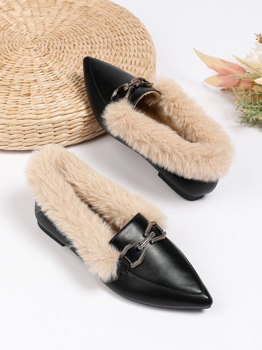 Shoes zolucky | Women Metal Decor Commuting Furry Synthetic Leather Loafers Black