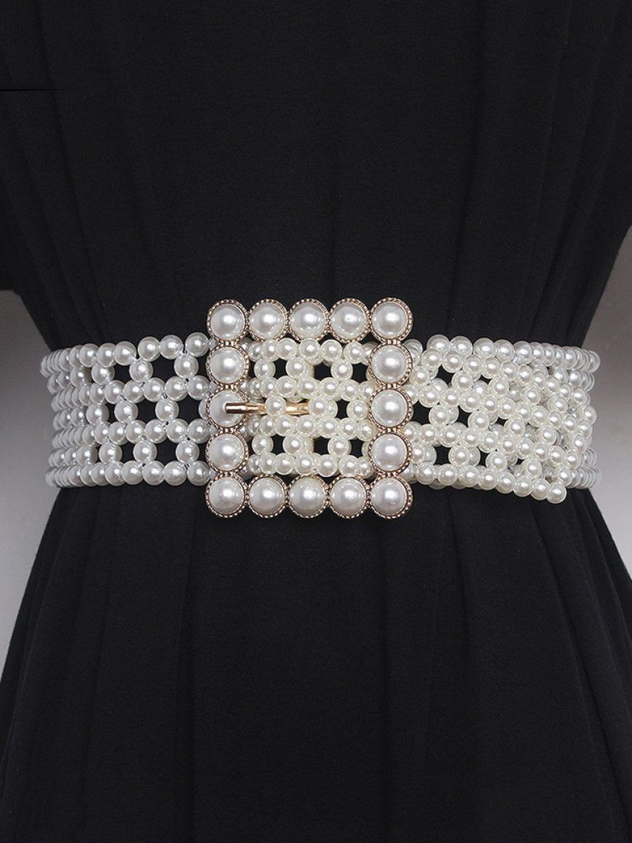 Accessories zolucky | Elegant Braided Imitation Pearl Wide Belt Dress Decorative Waist Belt