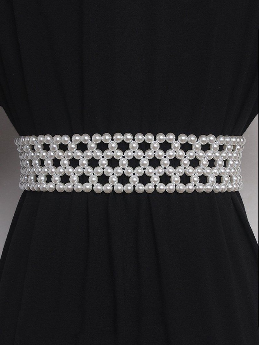 Accessories zolucky | Elegant Braided Imitation Pearl Wide Belt Dress Decorative Waist Belt