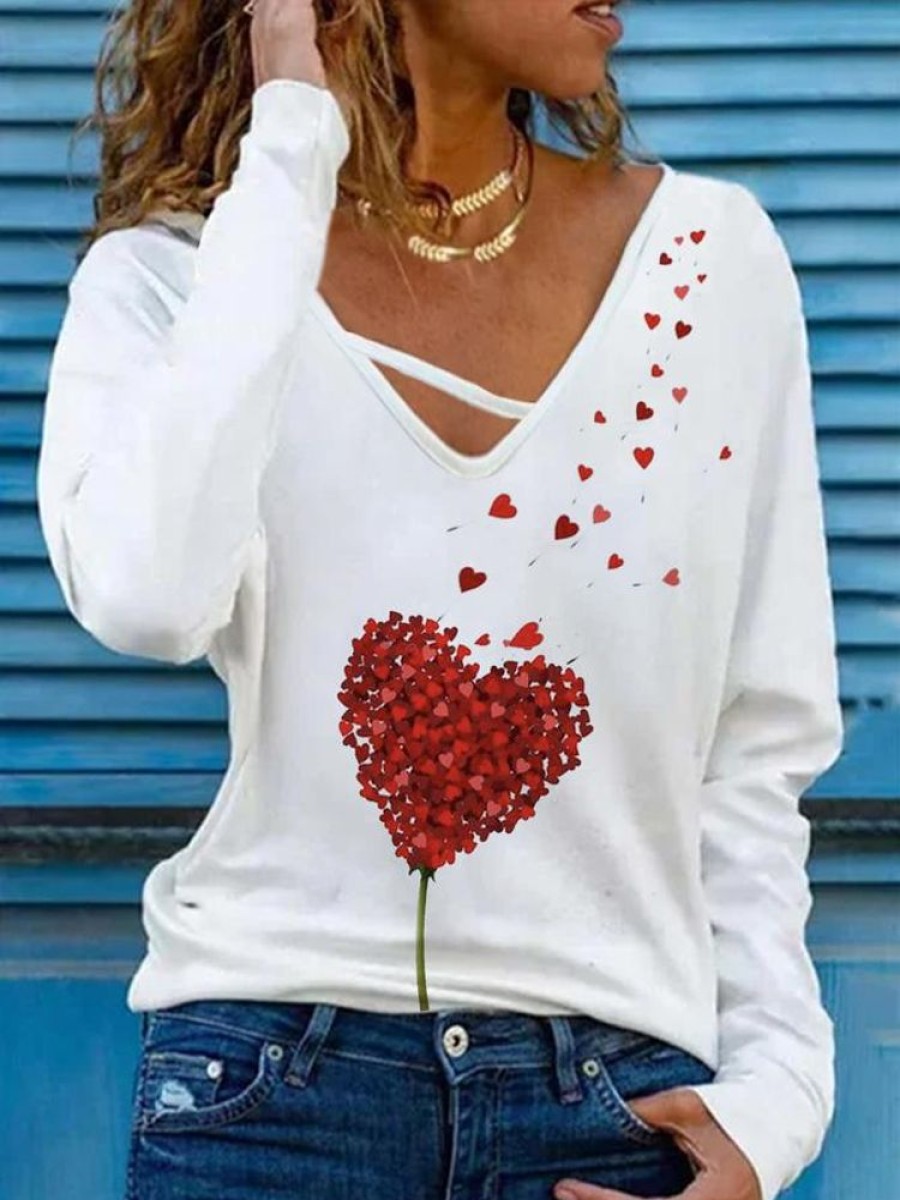 Plus&Curve zolucky | Plus Size Valentine'S Day Casual Cotton Blends Lightweight Heart Printed Long Sleeve T-Shirt White