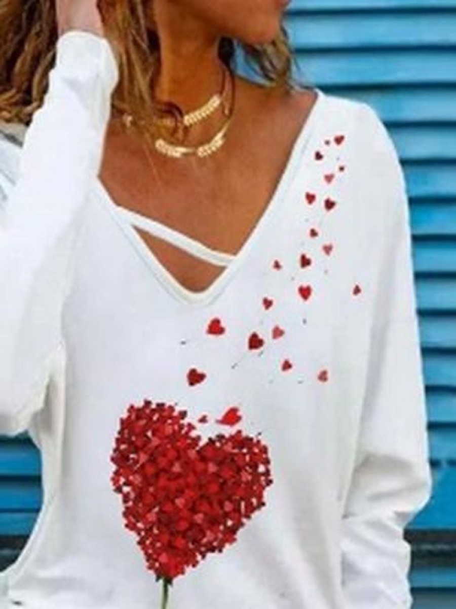 Plus&Curve zolucky | Plus Size Valentine'S Day Casual Cotton Blends Lightweight Heart Printed Long Sleeve T-Shirt White