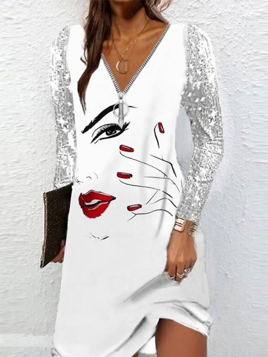 Dresses zolucky | Party Abstract Glitter V Neck Dress White