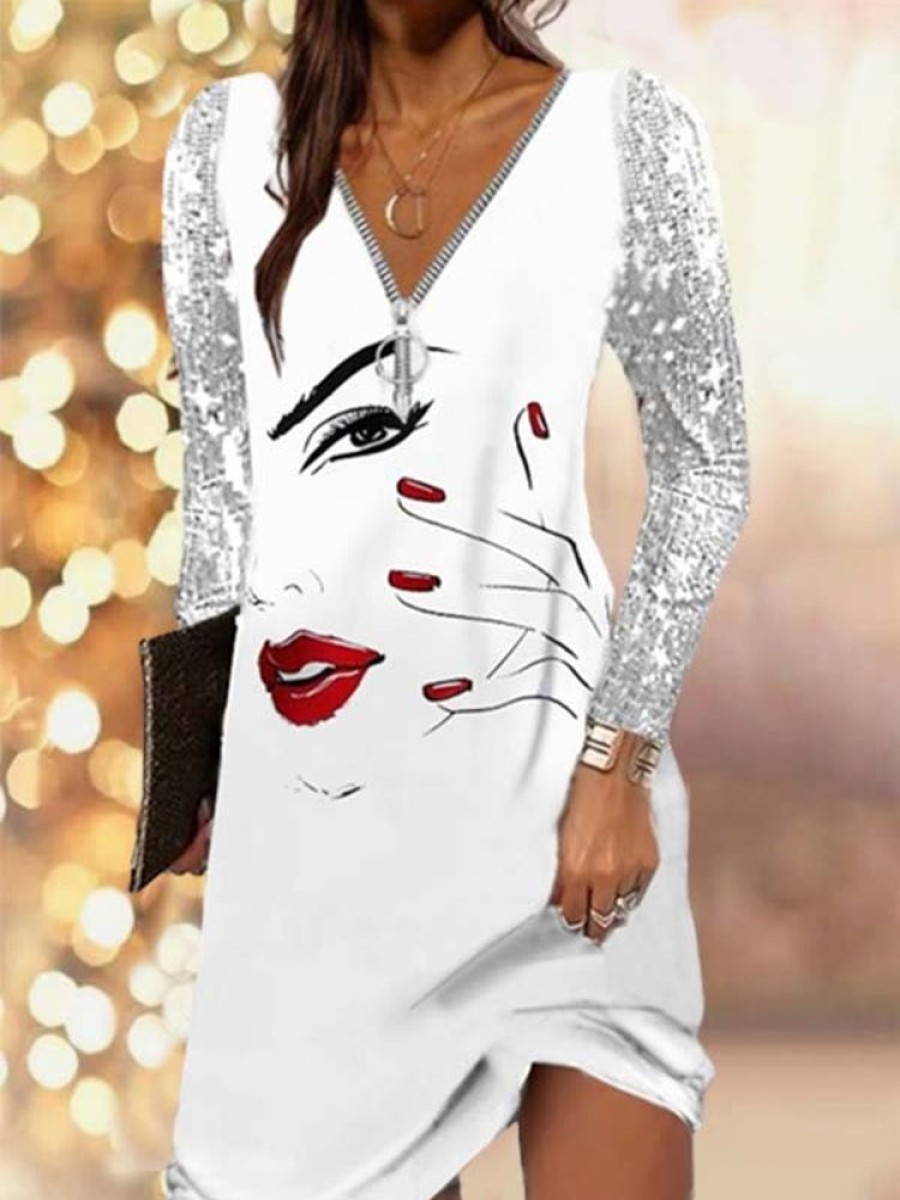 Dresses zolucky | Party Abstract Glitter V Neck Dress White