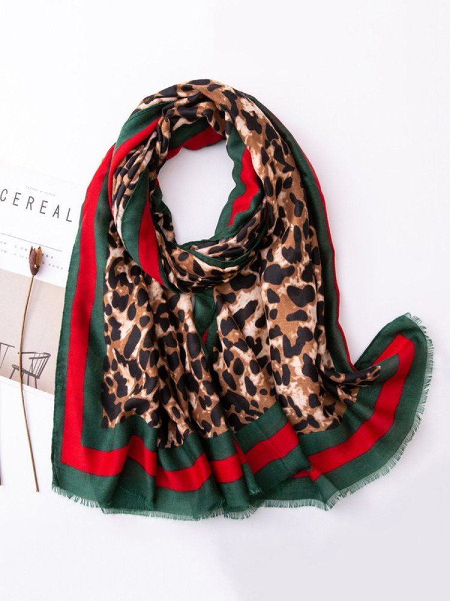 Accessories zolucky | Leopard Print Color Block Striped Fringe Scarf As Picture